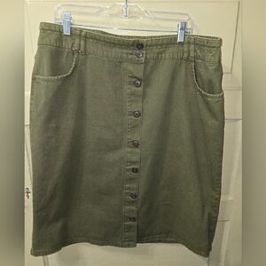 Kim Rogers 100% Cotton Army Green Button Front Skirt EUC Size: 18